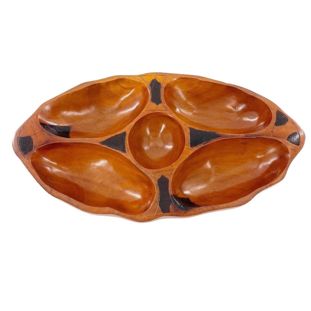 Vtg  MCM Carved Teak Wooden Bowl Snack Serving sectioned‎ Dish 14x8 Wood Retro